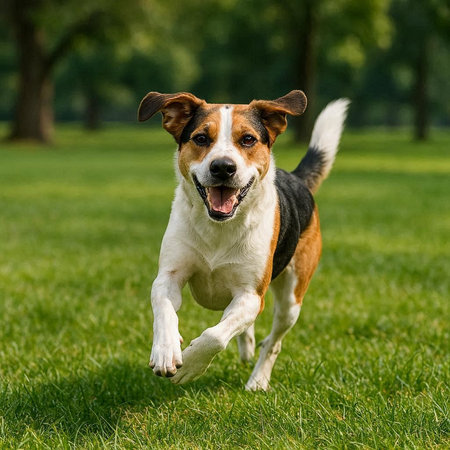 Portrait of a purebred beagle dog running in the park
