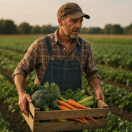 Farmer carrying wooden box full of fresh organic vegetables on farm field