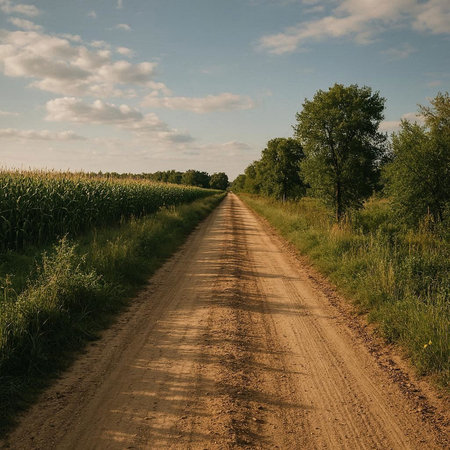 dirt road in a cornfield with blue sky and white clouds