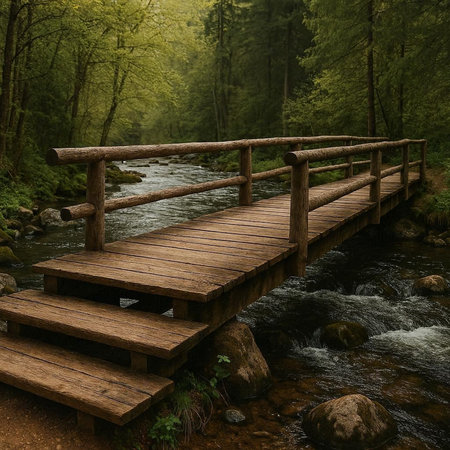 Wooden bridge over a mountain river in the forest. 3d render