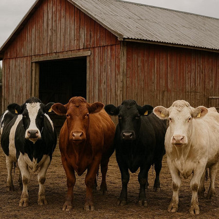 Herd of cows in the paddock with a wooden barn in the background