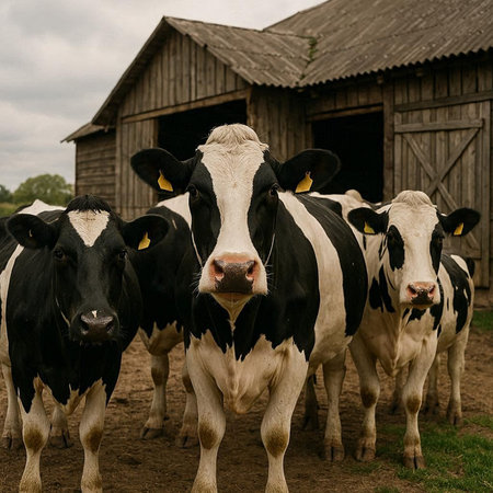 Herd of black and white holstein cows in a paddock.