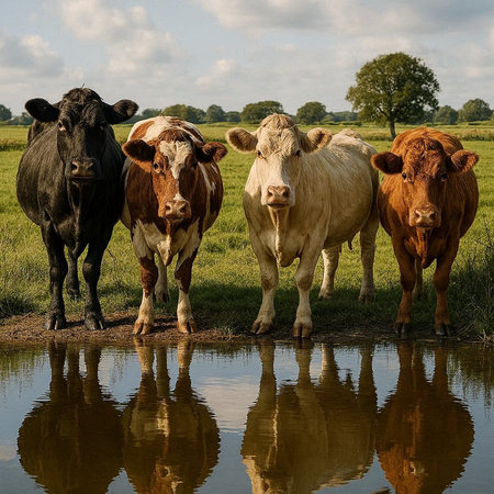 Herd of cows standing in a puddle in the countryside.