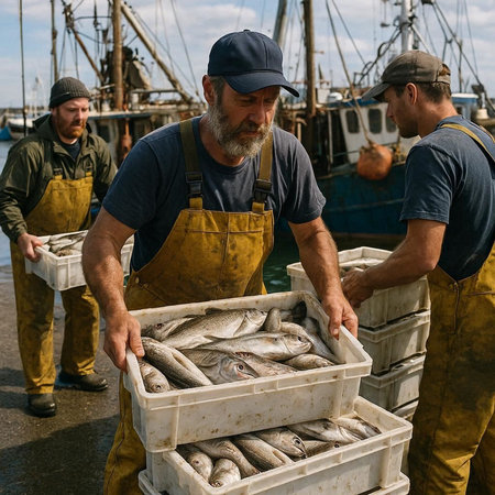 Fishermen unloading freshly caught fish from a trawler boat