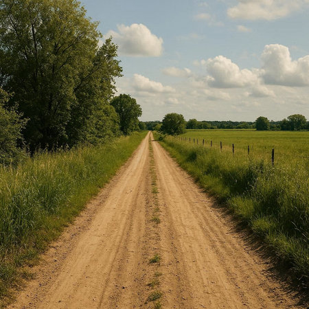 Dirt road in the field with trees in the background and blue sky