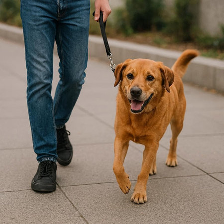 Cute dog on leash with owner walking in the park. Pet care concept.