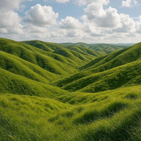 Green hills under blue sky with white clouds. Shot in New Zealand.