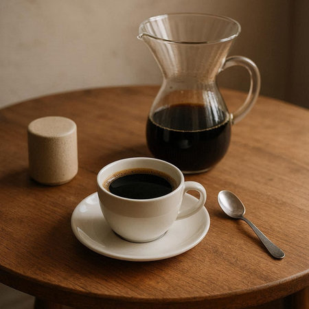 Cup of coffee on a wooden table with a spoon and a jug