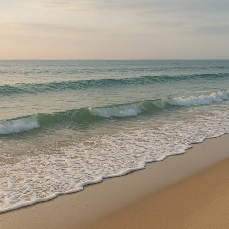 Waves on the beach in the morning. Beautiful seascape.
