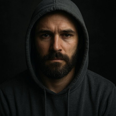 Portrait of a man with a beard in a hood on a dark background