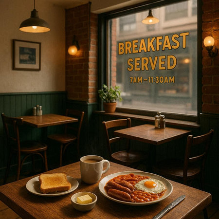 Breakfast in a cafe with a cup of coffee and sausages