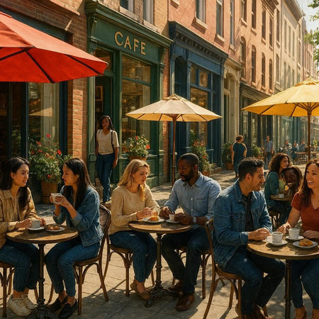 People sitting at a cafe terrace in London.