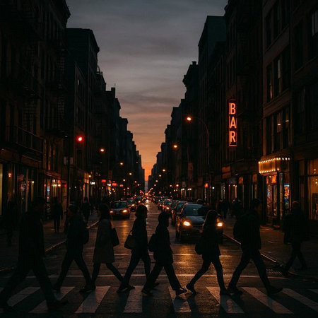People cross the street in London at night.