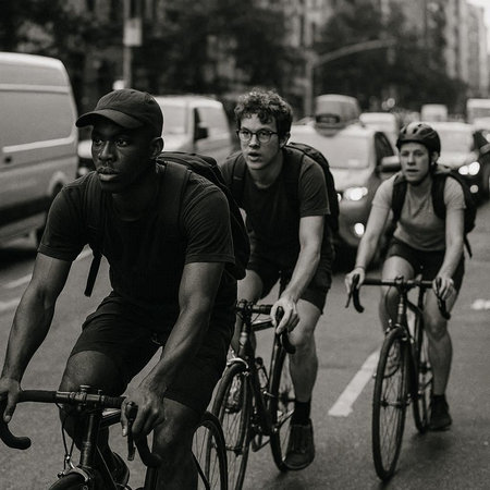 Group of young people cycling in the city. Black and white photo.