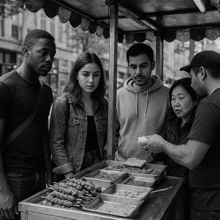 Group of young people selling street food in Paris, France. Black and white.