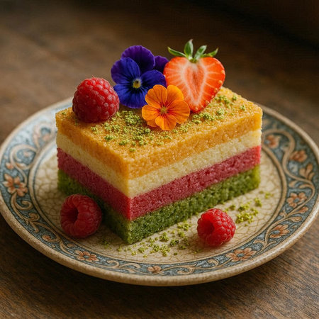 Piece of rainbow cake with raspberries and viola flowers