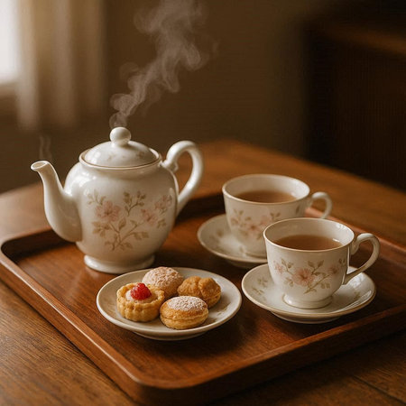 Cup of tea with cookies and teapot on wooden table