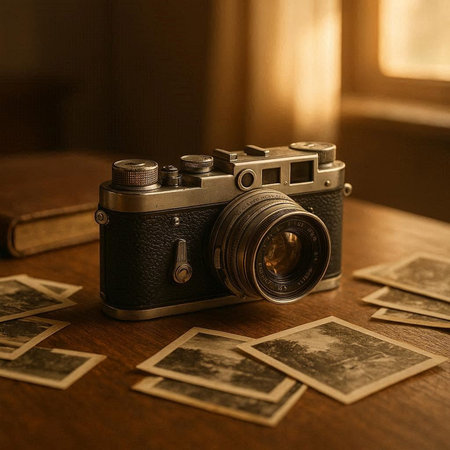 Vintage camera and old photos on a wooden table. Selective focus.