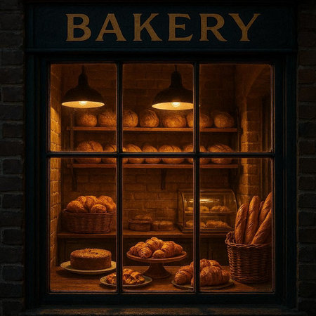 Bakery shop window with bread and croissants. Bakery background.
