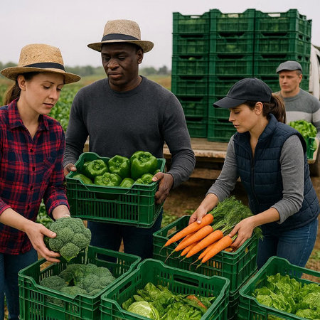 Group of diverse farmers carrying boxes full of fresh vegetables on farm field