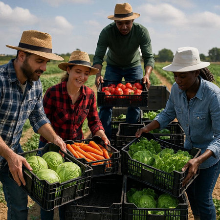 Group of diverse farmers holding boxes with fresh harvested vegetables in the field