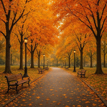 Autumn alley in the park with benches and lanterns at sunset