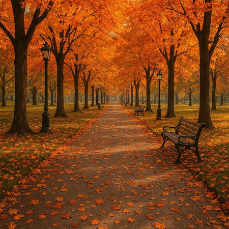 Autumn alley in the park with trees and bench, 3d render