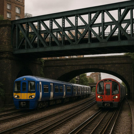 Train crossing a bridge in London, UK. 3D rendering.