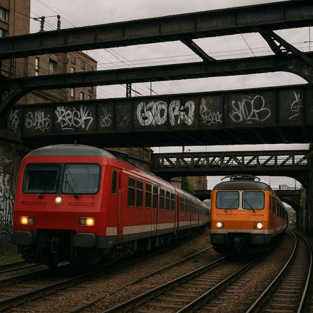 Train passing under a bridge in the city of Gdansk, Poland.