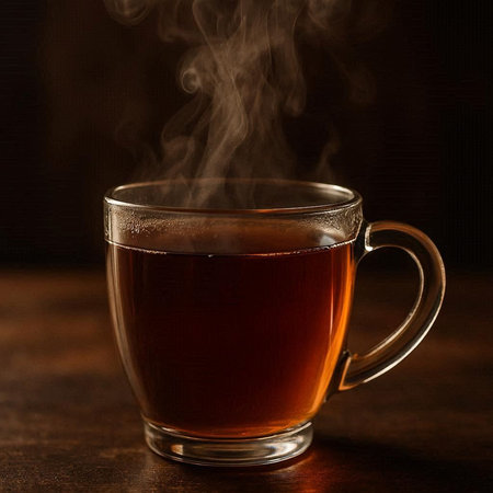 Cup of hot tea with steam on dark background. Close up