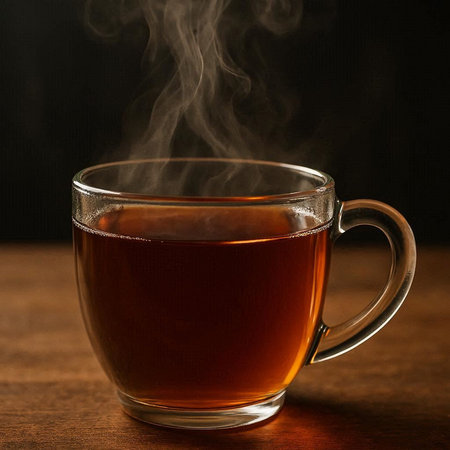 Cup of tea with steam on a wooden table. Dark background.