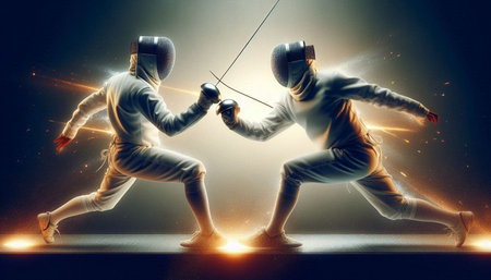 Two young female fencers wearing fencing suits fighting with swords on dark background