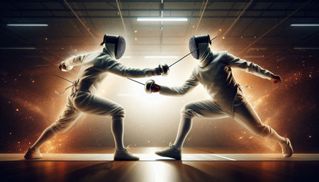 Two young women wearing fencing masks fighting with swords in a dark room