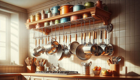 Kitchen interior with utensils. 3d rendering toned image