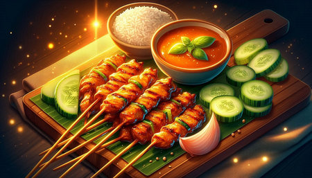 Chicken satay with sauce and cucumber on wooden board, 3d illustration