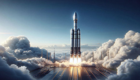 Space rocket taking off into the sky. 3d render. Conceptual illustration.