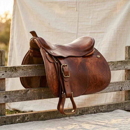 Leather saddle for equestrian on wooden fence in countryside.