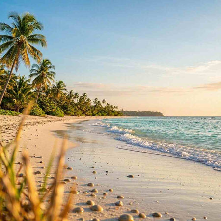 Coconut palm trees on the beach at sunset, Seychelles