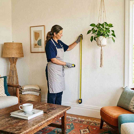 Elderly woman in apron measuring wall with measure tape in living room