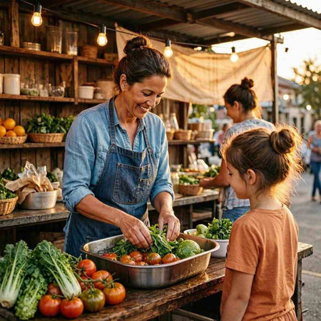 Little girl with her mother buying fresh vegetables at a farmers market.