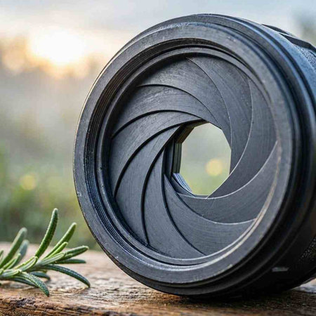 Close up of a camera lens on a wooden table with rosemary