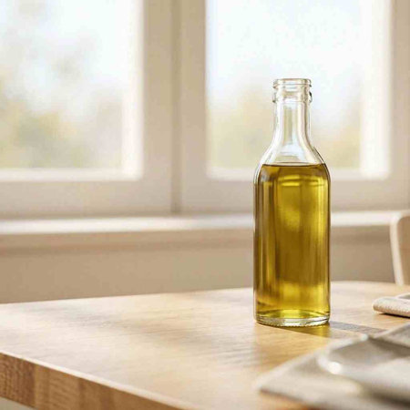 Olive oil in a bottle on a wooden table in a kitchen