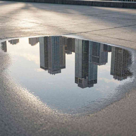 Reflection of skyscrapers in a puddle of water.