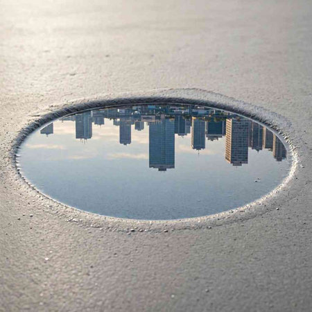 Reflection of the city in a puddle on the road.