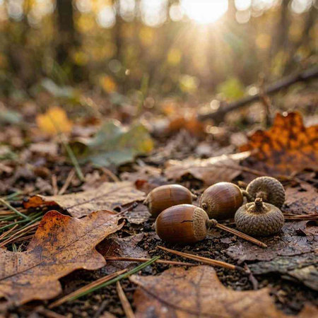 Acorns on the ground in autumn forest. Selective focus.
