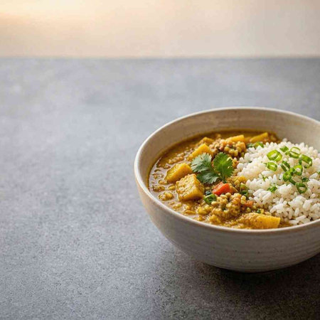 Thai curry with rice in a bowl on the table with copy space