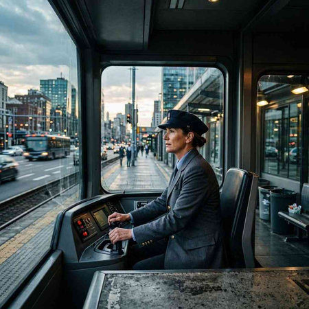 Businessman in a suit and hat sitting in a bus and looking out the window