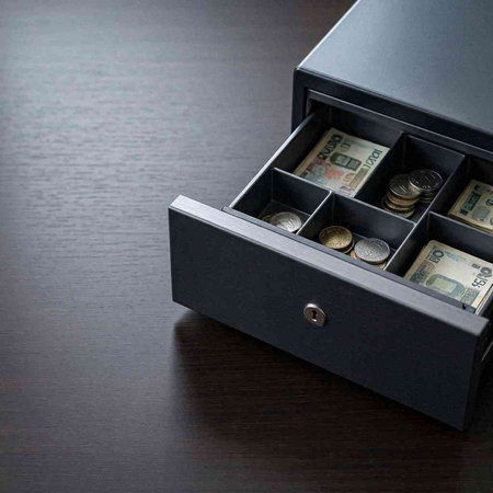 money in a black box on a black wooden background with copy space