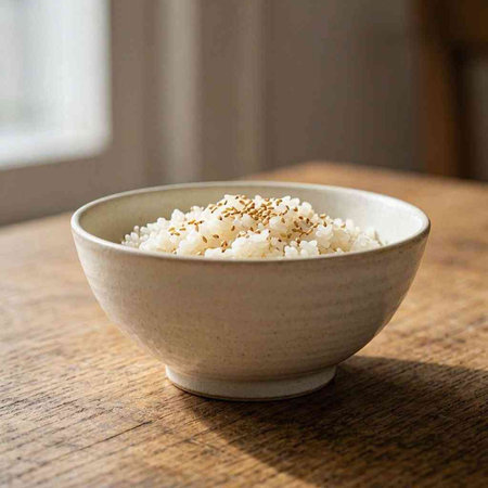 Rice in a bowl on a wooden table. Selective focus.