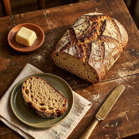 Homemade rye bread with butter on a rustic wooden table.